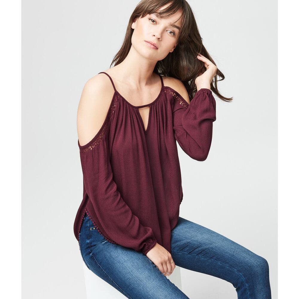 NWT Long Sleeve Crinkled Cold-Shoulder aeropostale maroon peasant boho XS new